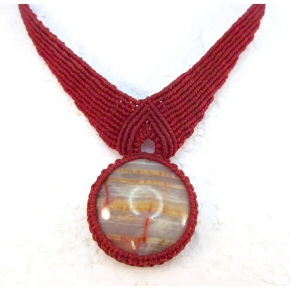 Handcrafted Burgundy Macrame Necklace with Natural Stone Pendant - Picture 11 of 11